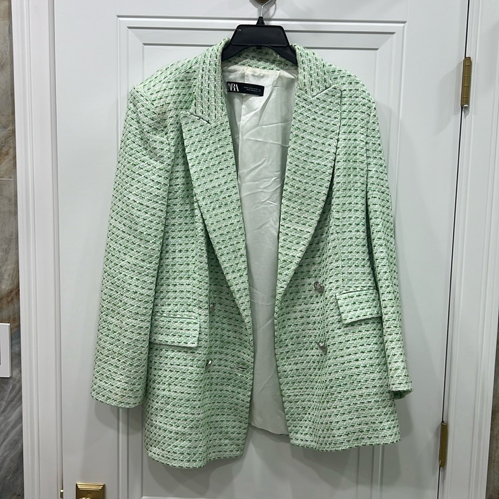 Zara green tweed blazer with silver buttons